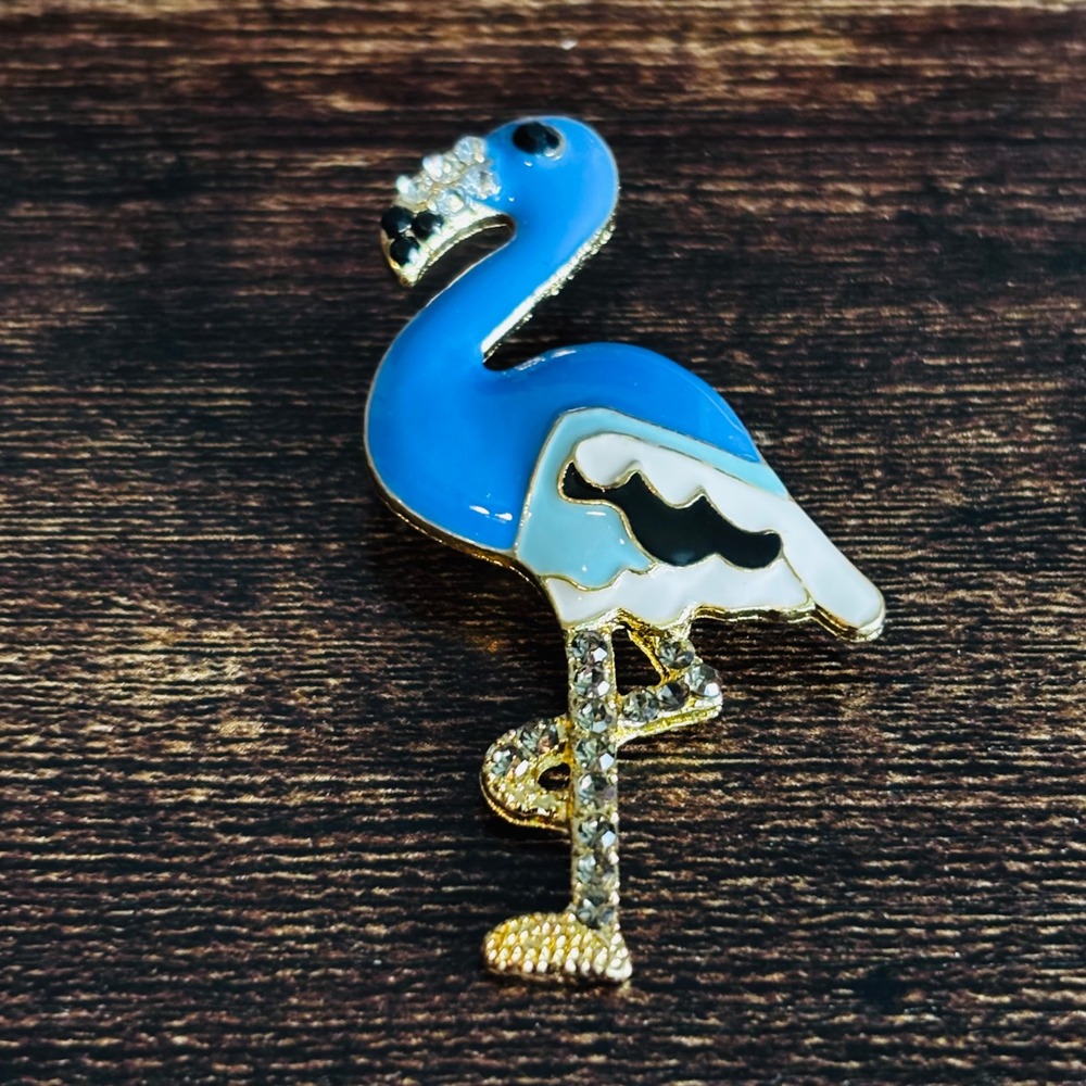 Blue Enamel Flamingo Brooch Gold Tone Rhinestone Bird Pin Tropical Jewelry